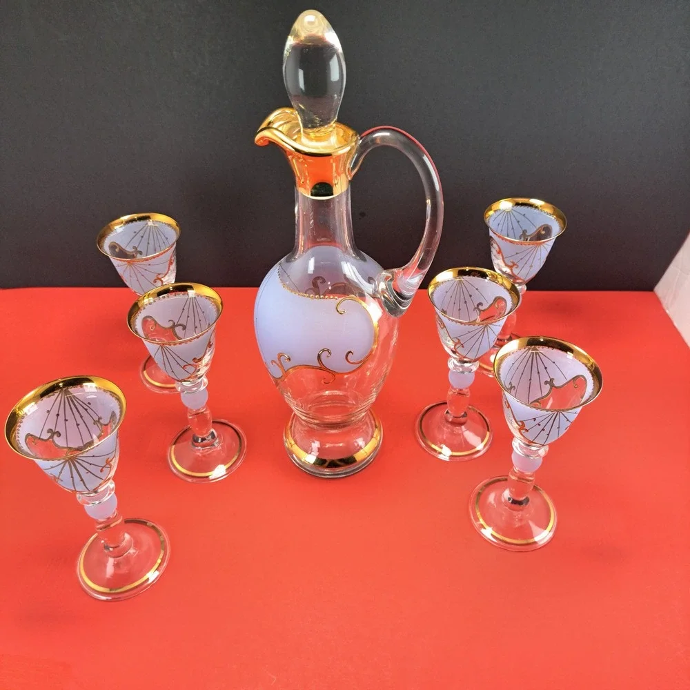 Murano Style Decanter Set Unisex OS Blue Excellent Gold Gilt 7pc Cordial Set